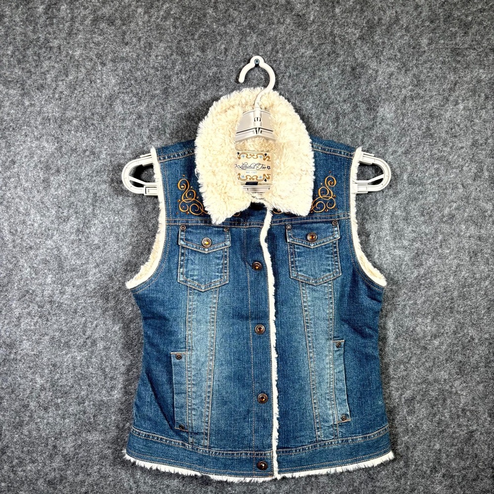 Limited Too Vest Girl's M (12) Blue Cotton Denim Button-Up Sherpa-Lined Western